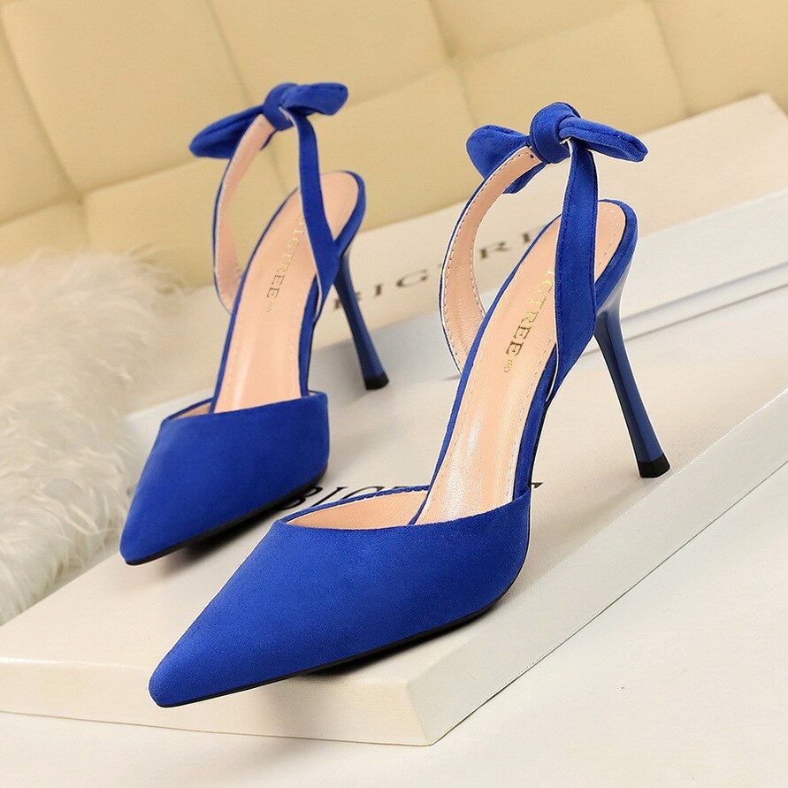 Bowtie Back Strap Shallow Suede Pointed Toe High Heel Pumps