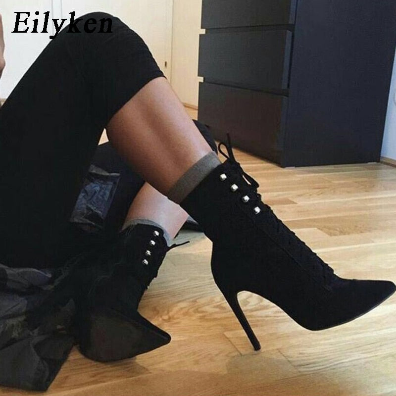 Women's Flock Ankle Pointed Toe Chelsea Stilleto Boots