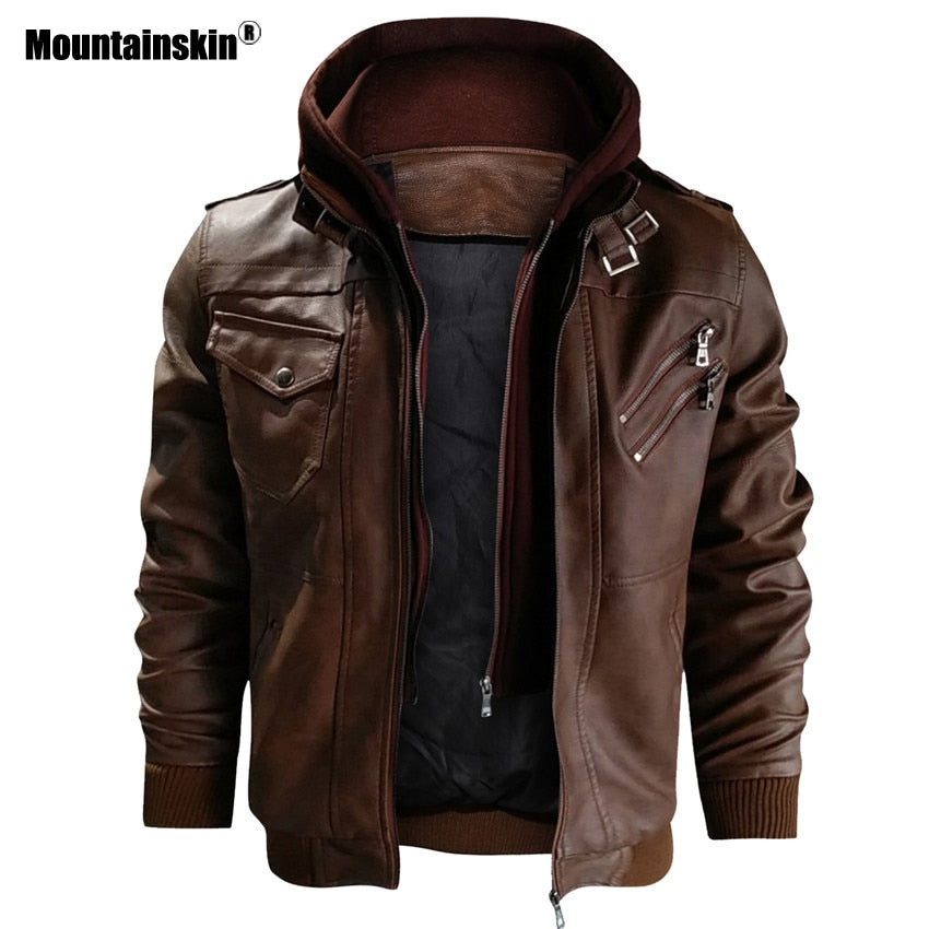 Detachable Hood Men's Leather Motorcycle PU Biker Jacket