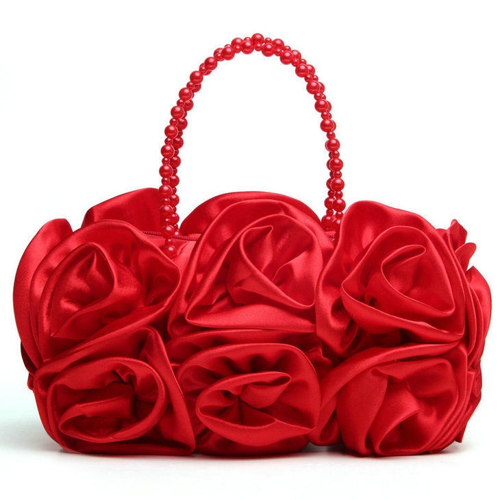 Flower Rose Satin Beaded Handle Purse