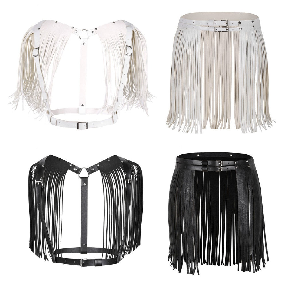 Women's Adjustable Faux Leather Waistband Fringe Tassel Belt Skirts