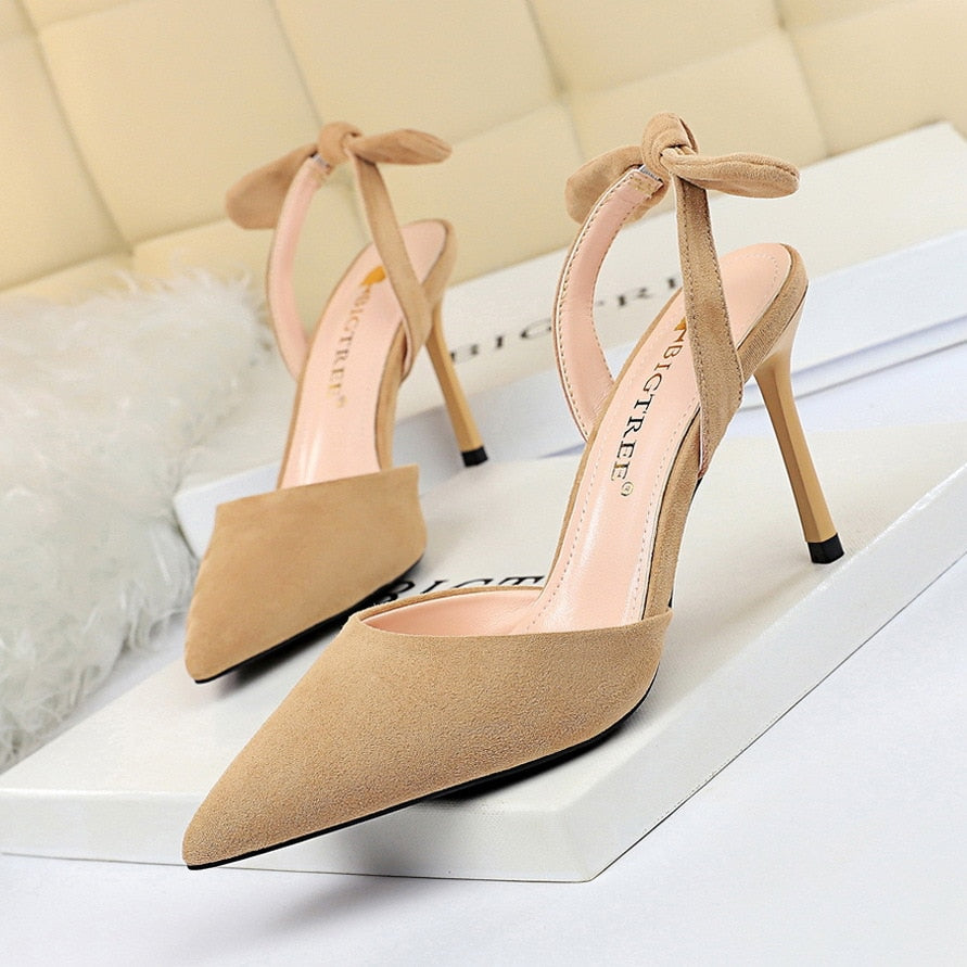 Bowtie Back Strap Shallow Suede Pointed Toe High Heel Pumps