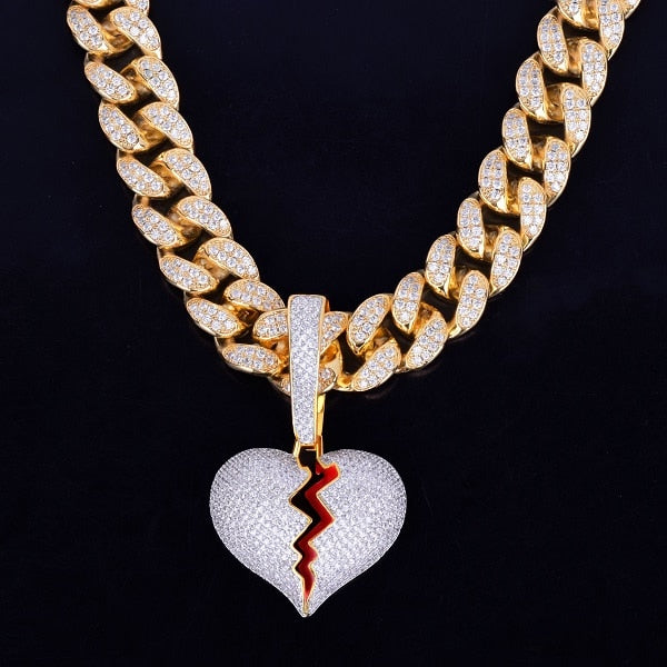 Broken Heart Pendant Necklace Cuban Link Chain