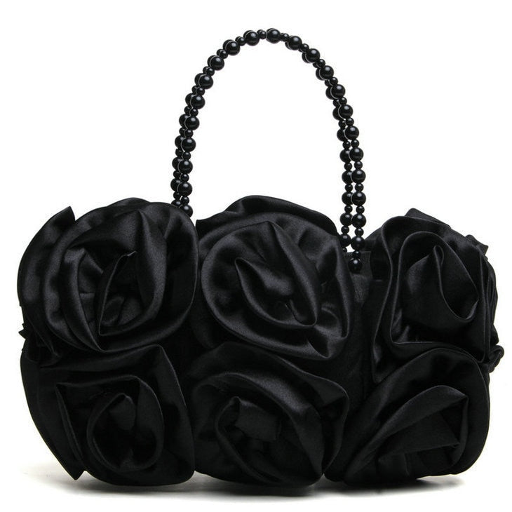 Flower Rose Satin Beaded Handle Purse