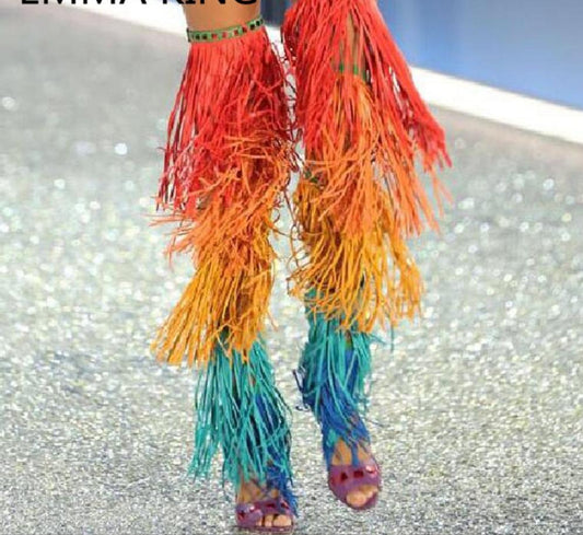 Rainbow Tassel Fringe Over-The-Knee Gladiator Open Toe Platform Sandal Boots