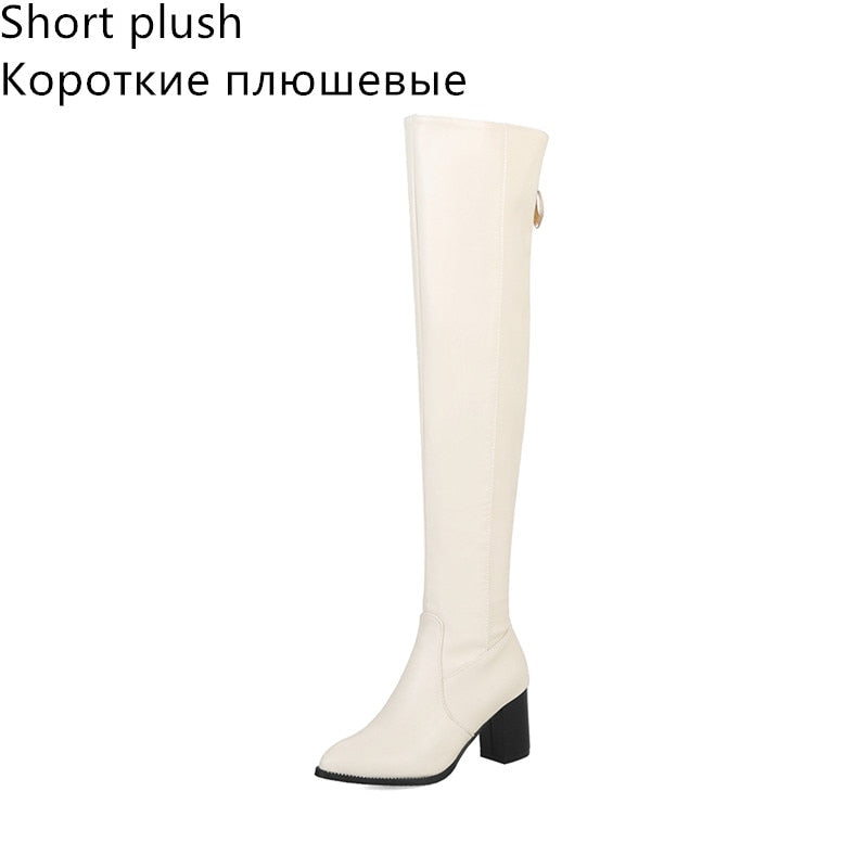 Over-the-Knee Leather Rivet Thick Heel Thigh High Boots