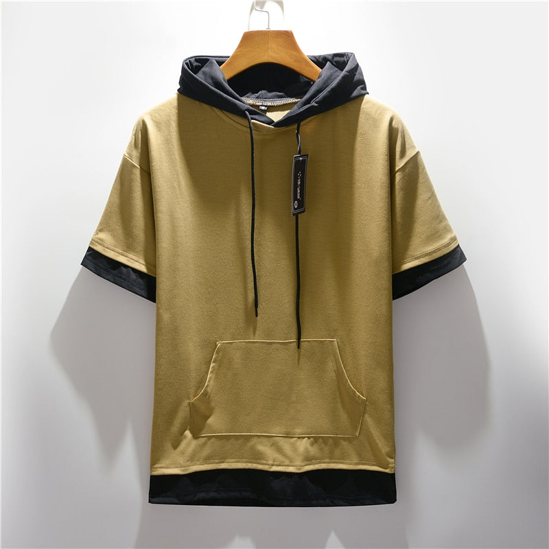 Men's Colorblock Drawstring Short Sleeve Hoodie Streetwear Shirt to 5X