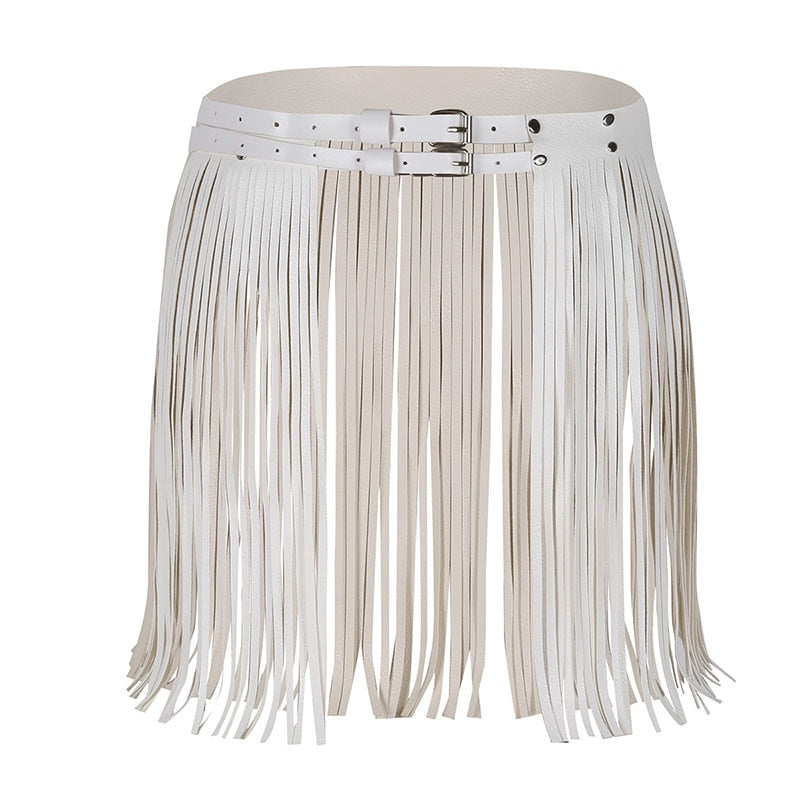 Women's Adjustable Faux Leather Waistband Fringe Tassel Belt Skirts