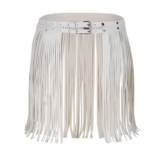 Women's Adjustable Faux Leather Waistband Fringe Tassel Belt Skirts