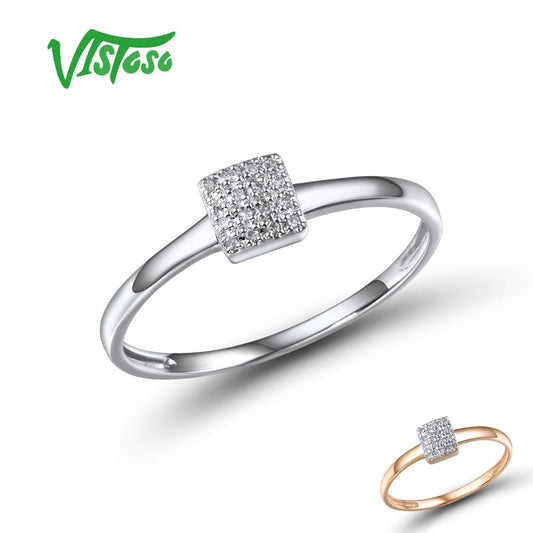 VISTOSO Pure 14K 585 Rose White Gold Sparkling Diamond Delicate Square Ring For Women Anniversary Engagement Trendy Fine Jewelry