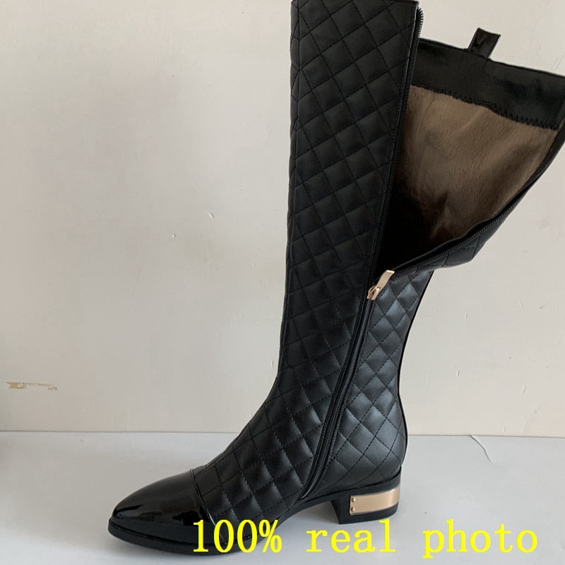 Quilted Genuine Leather Low Square Heel Knee High Boots