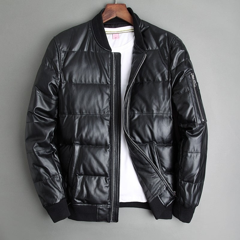 Men's Genuine Leather White Duck Down Leather Sheepskin Bomber Jacket