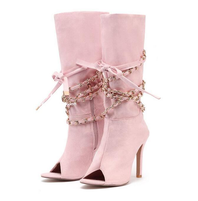 Draped Cross Strap Chain Peep Toe Ladies Zipper Ankle Boots