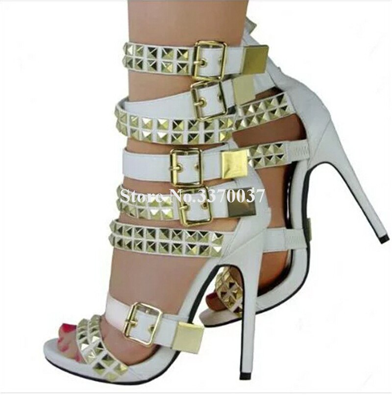 Metal Rivet Buckle Gladiator Denim Patchwork Stiletto Studded Sandal Pumps