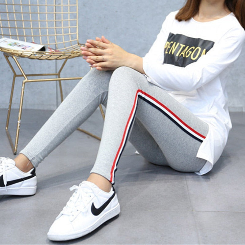 Solid Women's Cotton Side Striped Casual High Waisted Fitness Leggings to 5X