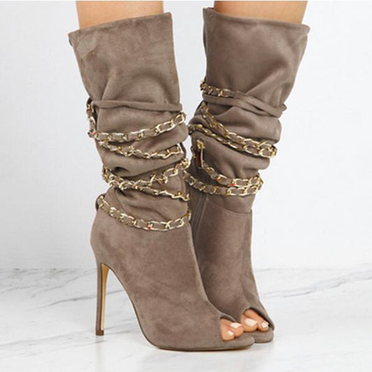 Draped Cross Strap Chain Peep Toe Ladies Zipper Ankle Boots