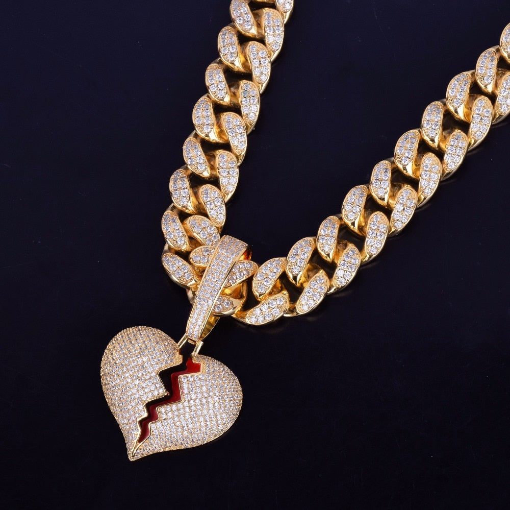 Broken Heart Pendant Necklace Cuban Link Chain