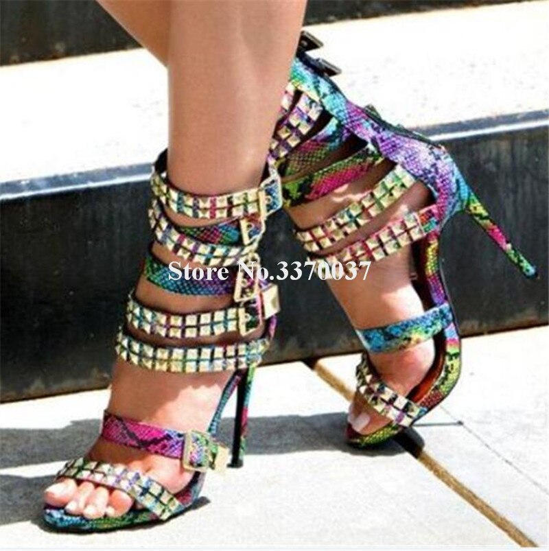 Metal Rivet Buckle Gladiator Denim Patchwork Stiletto Studded Sandal Pumps