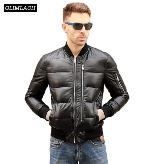 Men's Genuine Leather White Duck Down Leather Sheepskin Bomber Jacket