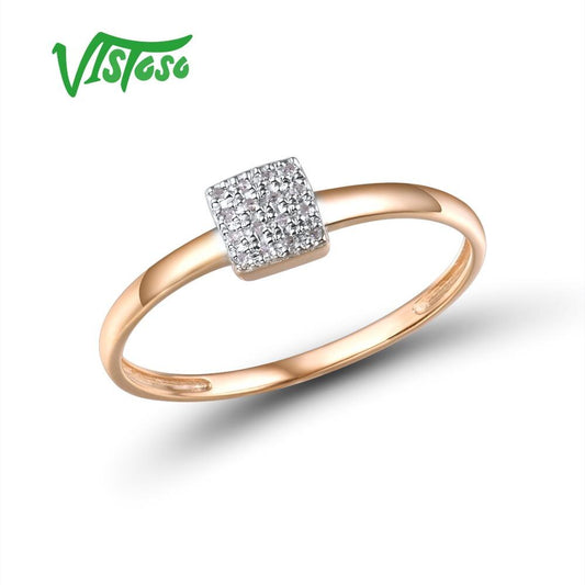 VISTOSO Pure 14K 585 Rose White Gold Sparkling Diamond Delicate Square Ring For Women Anniversary Engagement Trendy Fine Jewelry