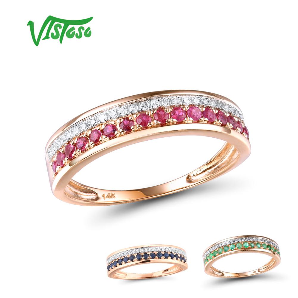 VISTOSO 14K Rose Gold Rings For Lady Genuine Shiny Diamond Fancy Ruby Sapphire Emerald Engagement Anniversary Chic Fine Jewelry