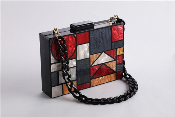 Ladies Patchwork Acrylic Geometric Metal Chain Strap Clutch Purse