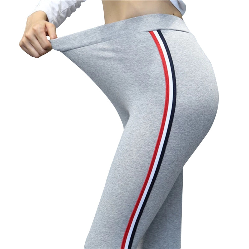 Solid Women's Cotton Side Striped Casual High Waisted Fitness Leggings to 5X