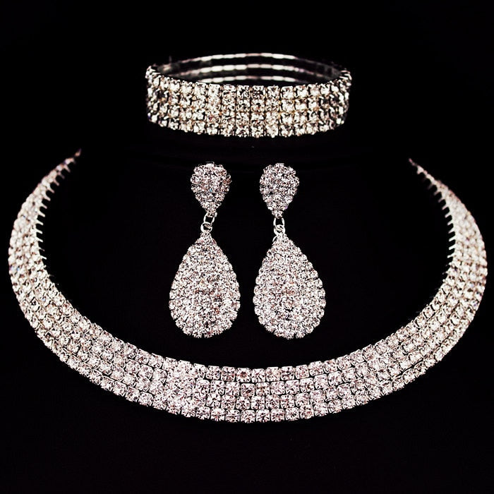 Bride/Formal Rhinestone Crystal Choker Necklace Earrings & Bracelet Wedding Jewelry Sets