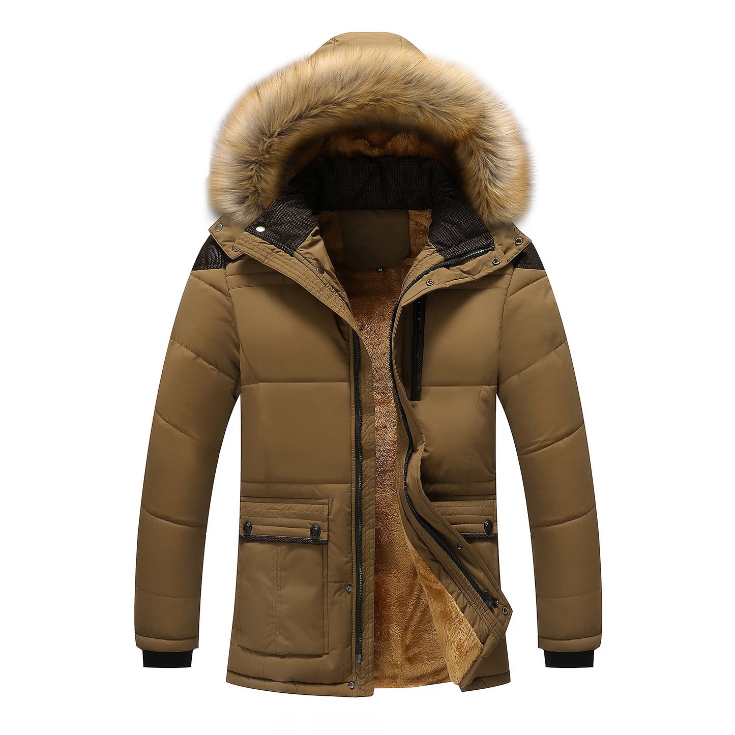 Men's Fur Collar Hooded Wool Lined Winter 3/4 Length Coat