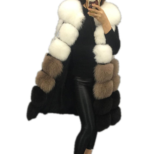 Women's Colorblock Long Faux Fur Vest Coat