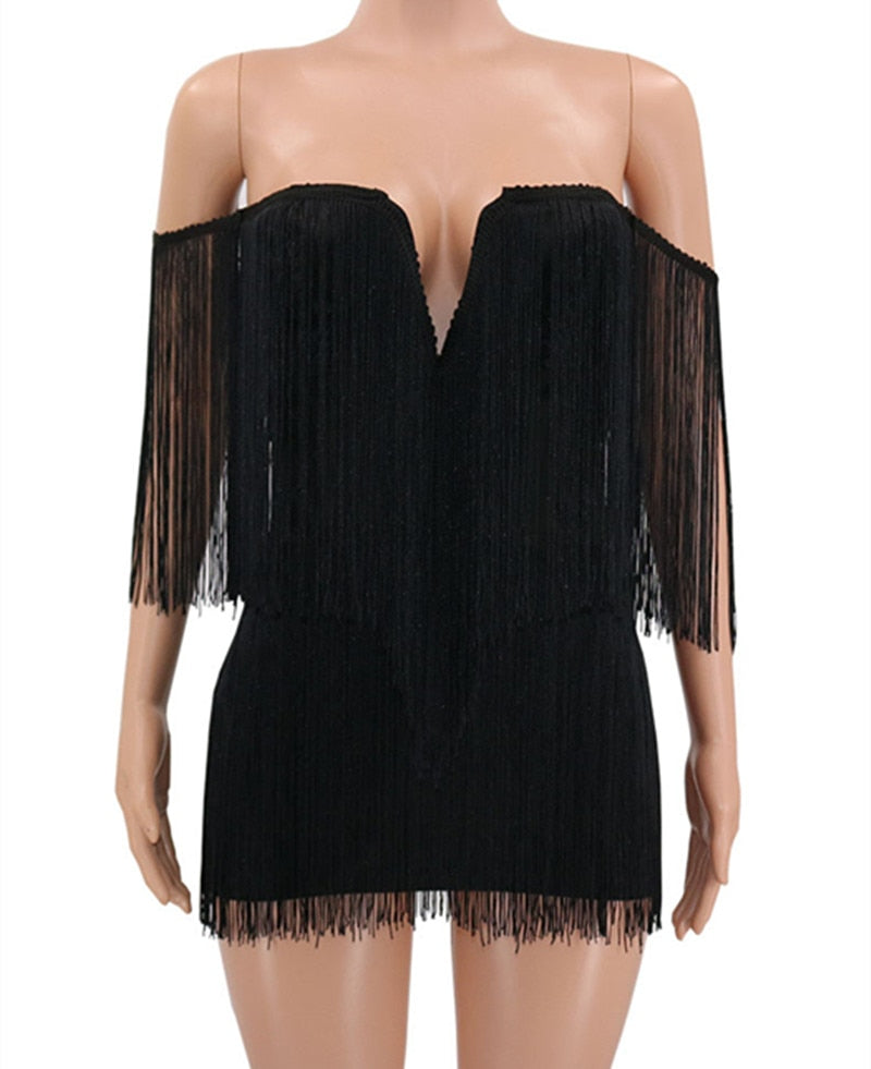 Tassels Bandage V-Neck Off-the-Shoulder Fringe Mini Dress