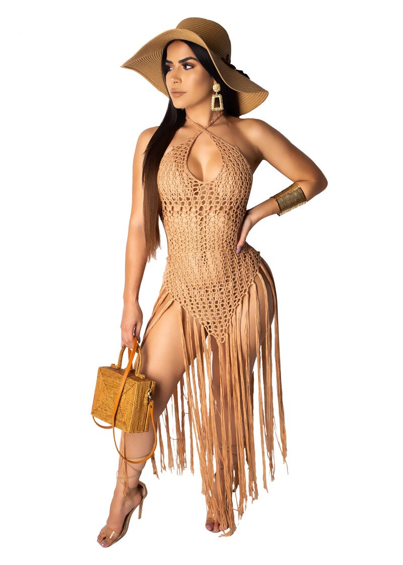 Crochet Long Tassels Knitted Halter String Back Swimsuit Cover Up