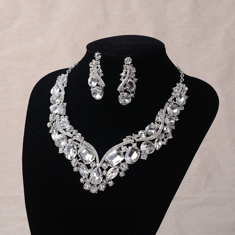 Rhinestone Wedding Jewelry Set: Earrings & Geometric Crystal Statement Necklace Set