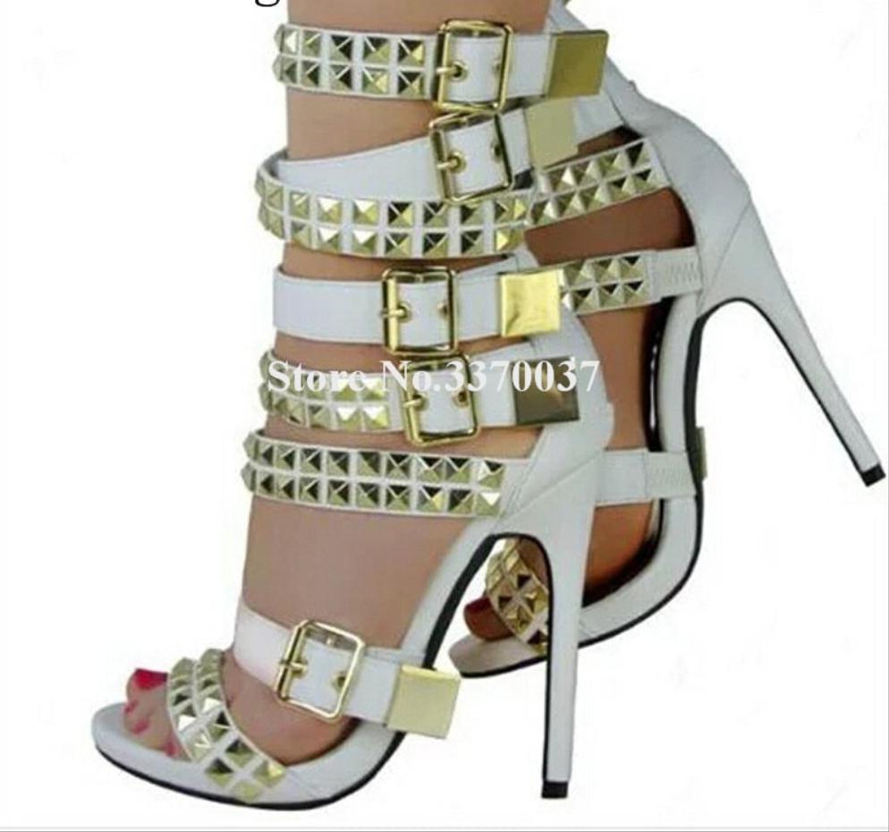 Metal Rivet Buckle Gladiator Denim Patchwork Stiletto Studded Sandal Pumps