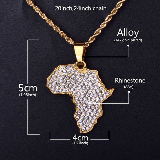 Africa Map Rhinestone Crystal Gold Pendant Chain