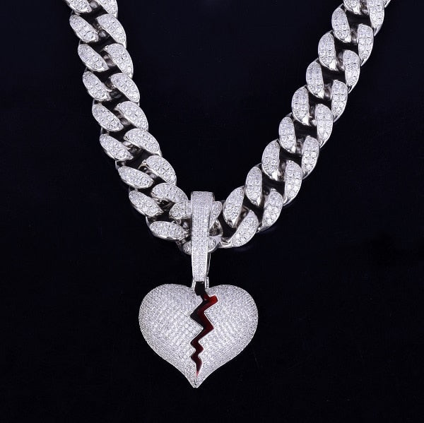 Broken Heart Pendant Necklace Cuban Link Chain