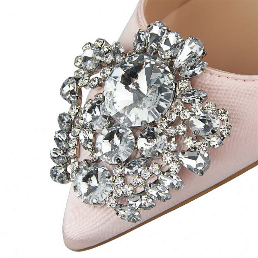 Crystal Pendant Pointed Toe Silk Stiletto High Heel Pumps