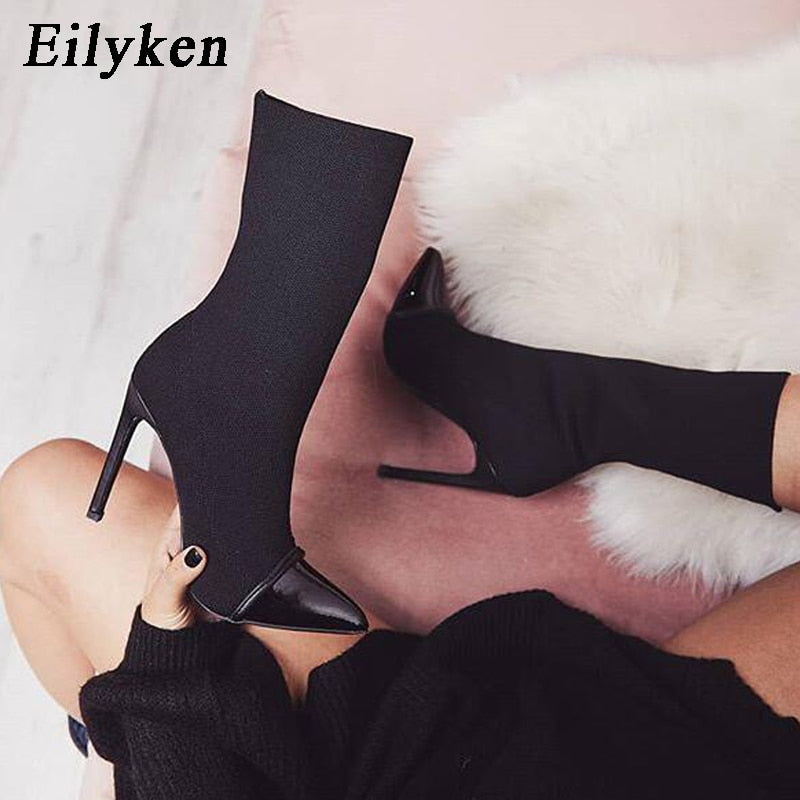 Pointed Toe Elastic Slip On High Heel Stiletto Boots