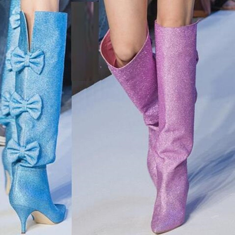 Bowtie Glitter Pointed Toe Thin Heel Ladies Knee High Boots