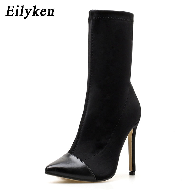 Pointed Toe Elastic Slip On High Heel Stiletto Boots