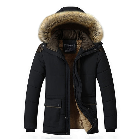 Men's Fur Collar Hooded Wool Lined Winter 3/4 Length Coat