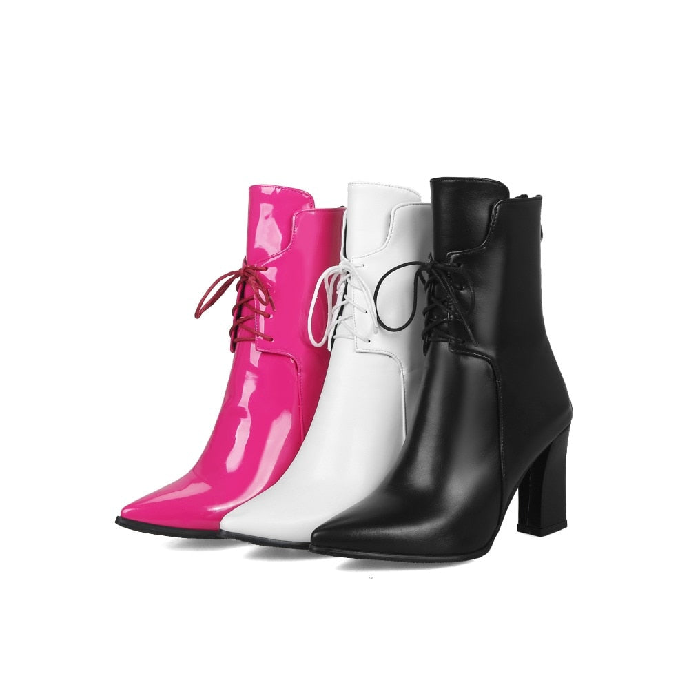 Patent Leather Lace Up Square Platform Heel Ankle Boots