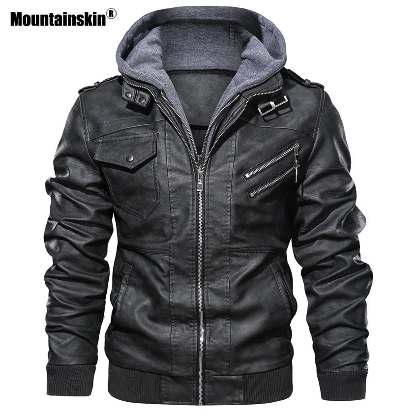 Detachable Hood Men's Leather Motorcycle PU Biker Jacket