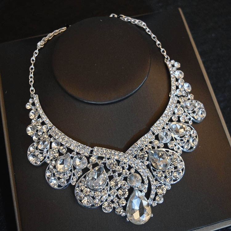 Rhinestone Bridal Plated Crystal Crown Tiara, Necklace & Earrings 3-Piece Set