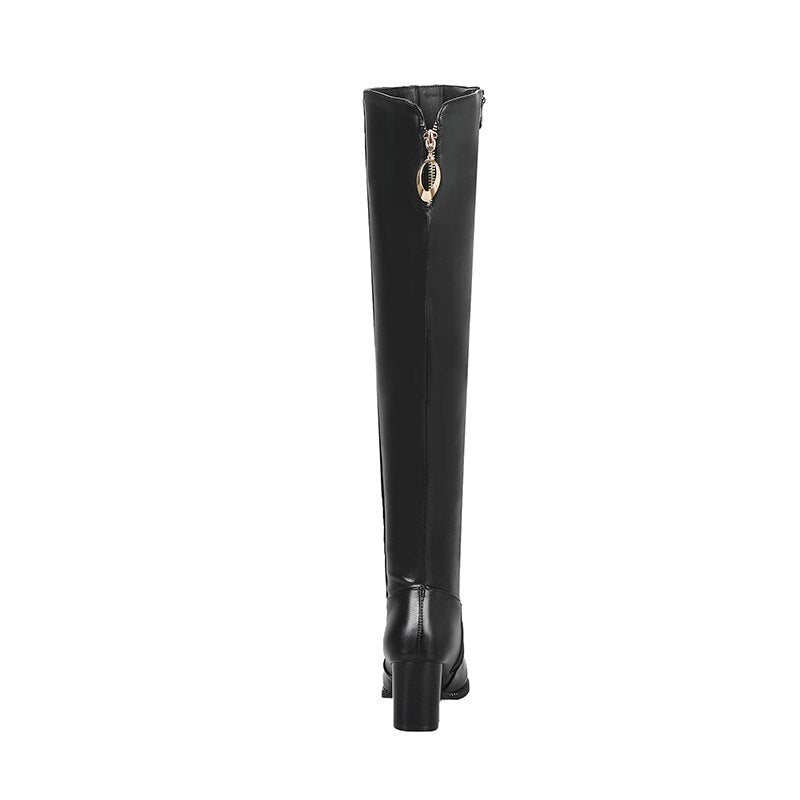 Over-the-Knee Leather Rivet Thick Heel Thigh High Boots