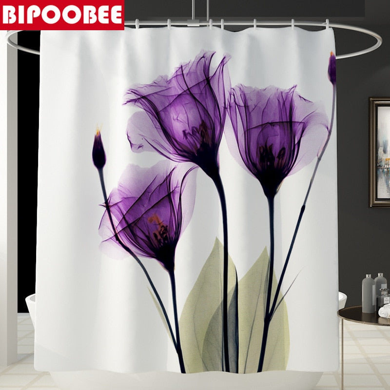 Tulip Lotus Flowers Trees Shower Curtain Sets Non-Slip Rugs Toilet Lid Cover and Bath Mat Waterproof Shower Curtain