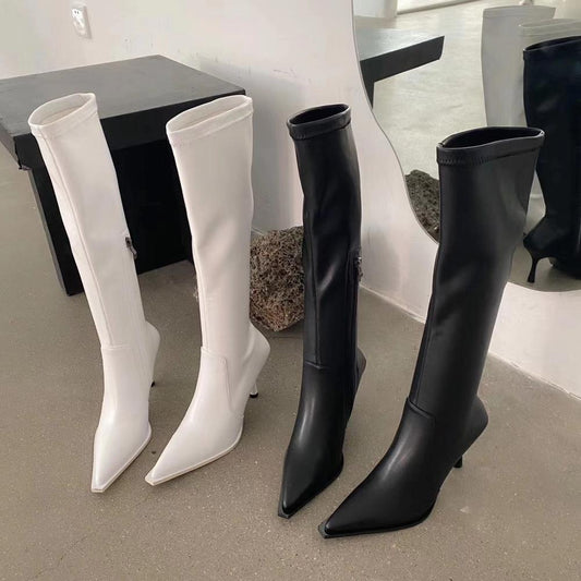 Chelsea PU Leather Pointed Toe Knee High Boots Pointed Toe Black/White Side Zipper Boots