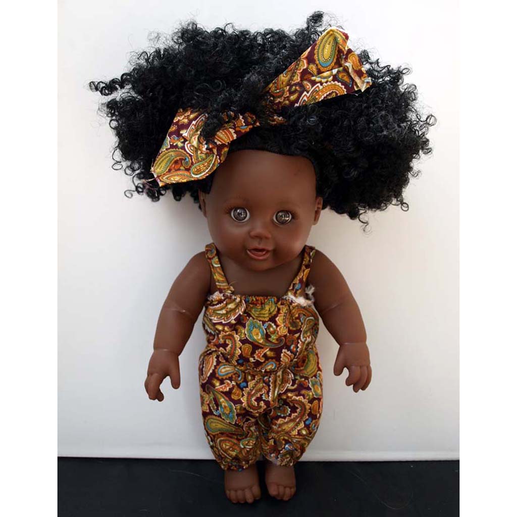 African-American Black Baby Girl Doll w/ Curly Afro, Headband & Jumpsuit