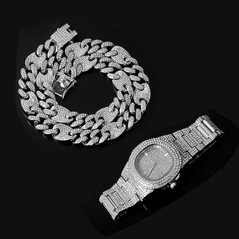 3-Piece Jewelry Hip Hop Gold Iced Out Paved Rhinestones CZ Bling  Sets: Cuban Chain, Watch & Bracelet