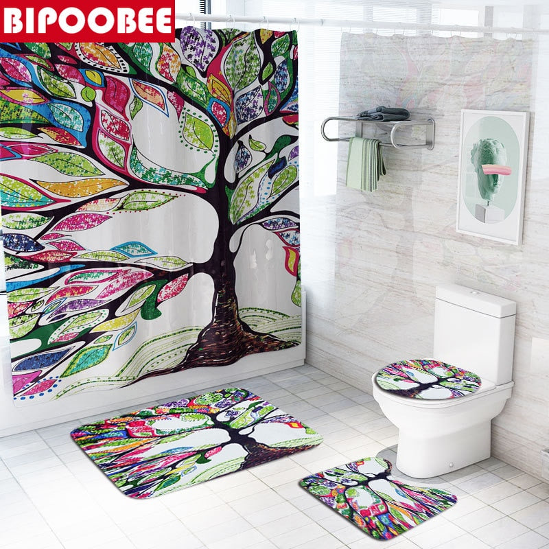 Tulip Lotus Flowers Trees Shower Curtain Sets Non-Slip Rugs Toilet Lid Cover and Bath Mat Waterproof Shower Curtain